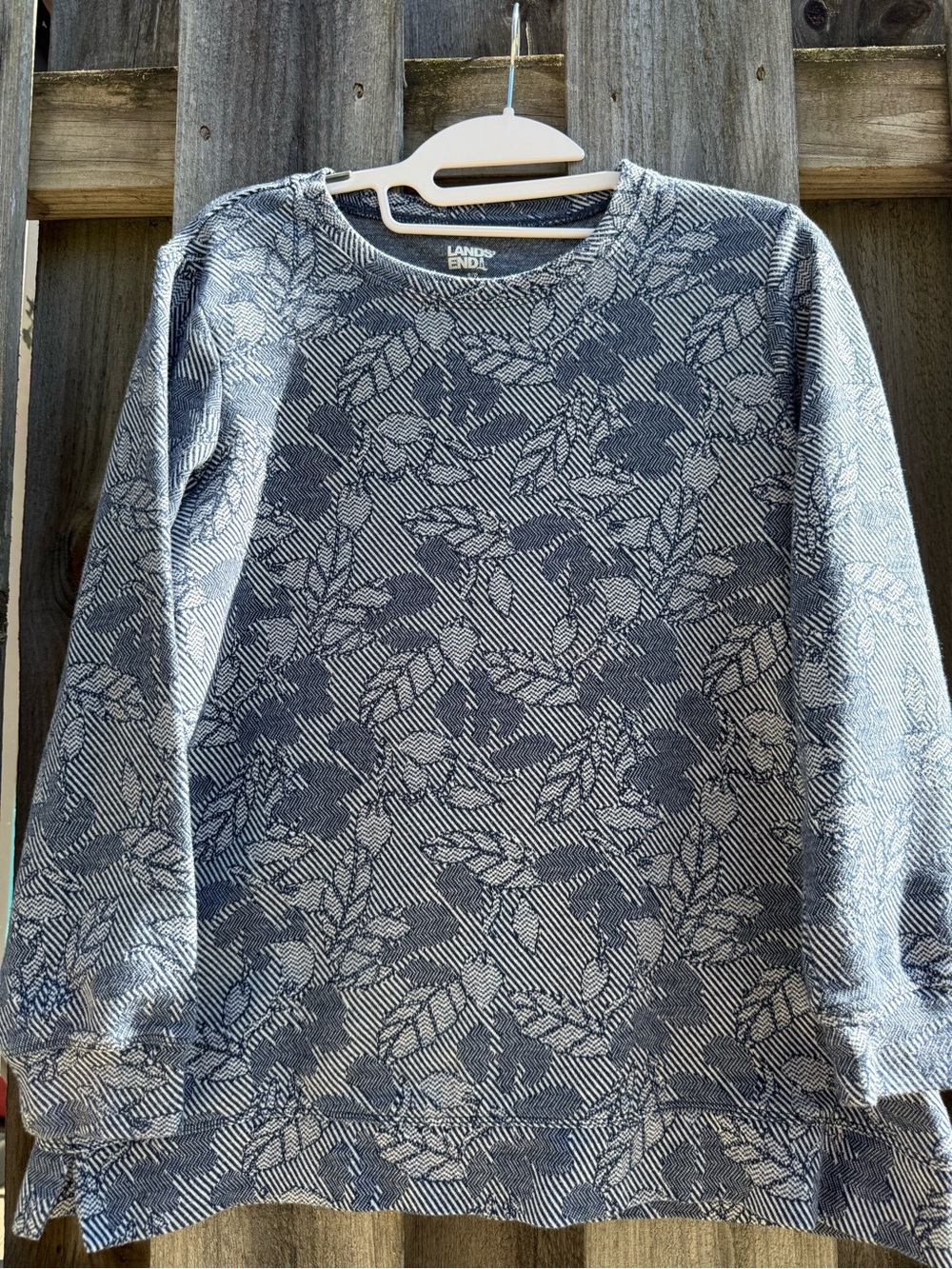 Lands’ End Floral Jacquard Knit Top Blue White Cotton Blend Small